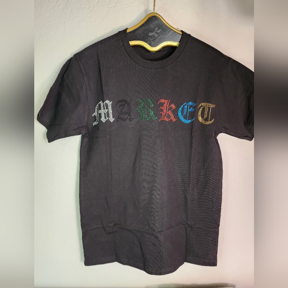Market Rainbow Rhinestone Black Tee Size Small